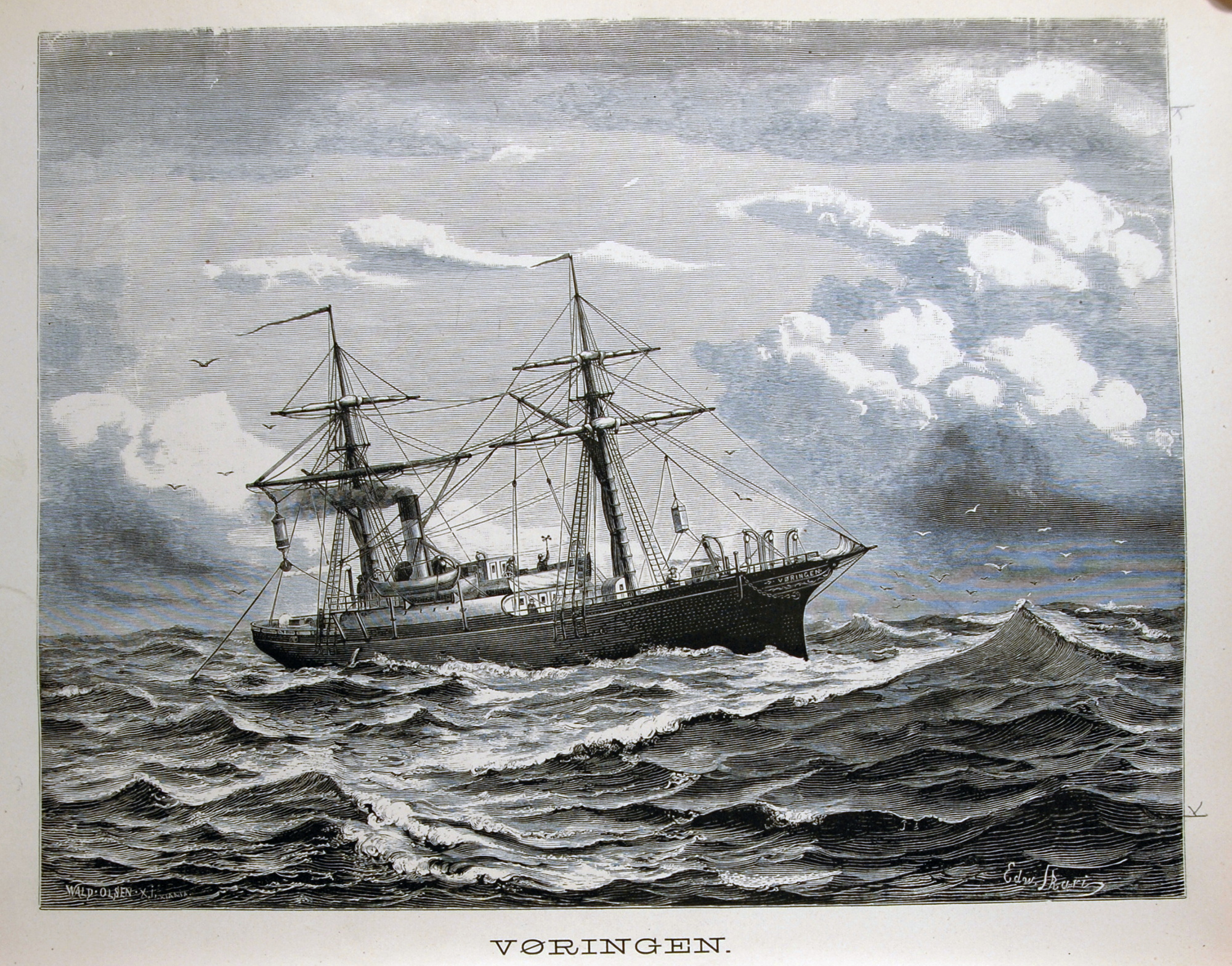 Maleri av en skute i opprørt hav