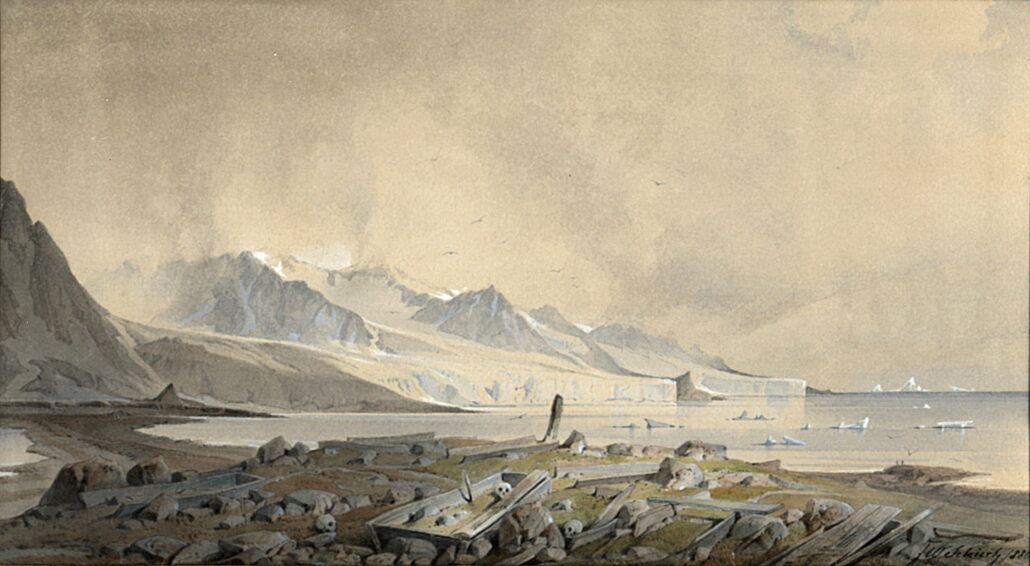 Akvarell av isbreer i en fjord med amnge trestokker på strand i forgrunnen