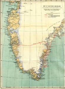 Kart som viser Nansens rute over Grønland i rødt