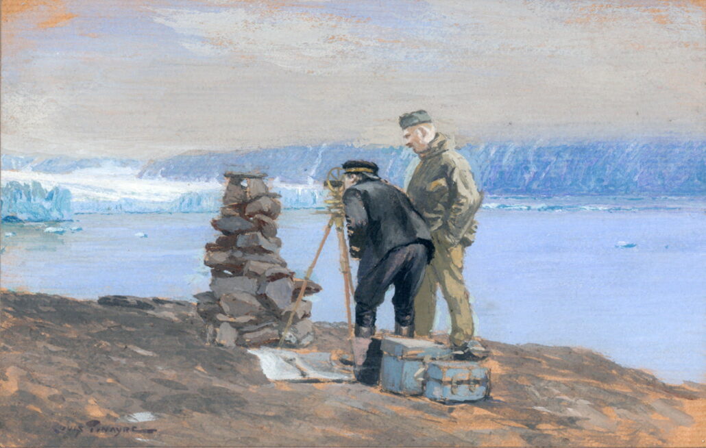 Maleri av to menn som triangulerer med en tripod i en fjord med brefront