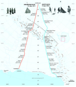 Kart som viser Roald Amundsen og Robert Scotts rute mot Sydpolen i 1911–1912.