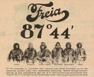 Avisreklame for Freia sjokolade. Stor logo med teksten 87°44'. Tegning av seks menn i polarpels.