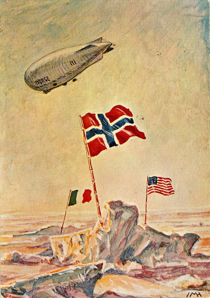 Postkort: Luftskipet Norge over Nordpolen. Det norske, amerikanske og italienske flagget står igjen på polen.