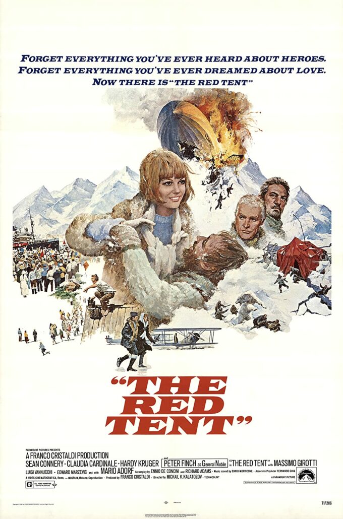 Kinoplakat med bl.a et brennende luftskip i snedekket fjell, en båt med stor folkemengde, et rødt telt over en bresprekk og et småfly. Teksten er "The red tent".