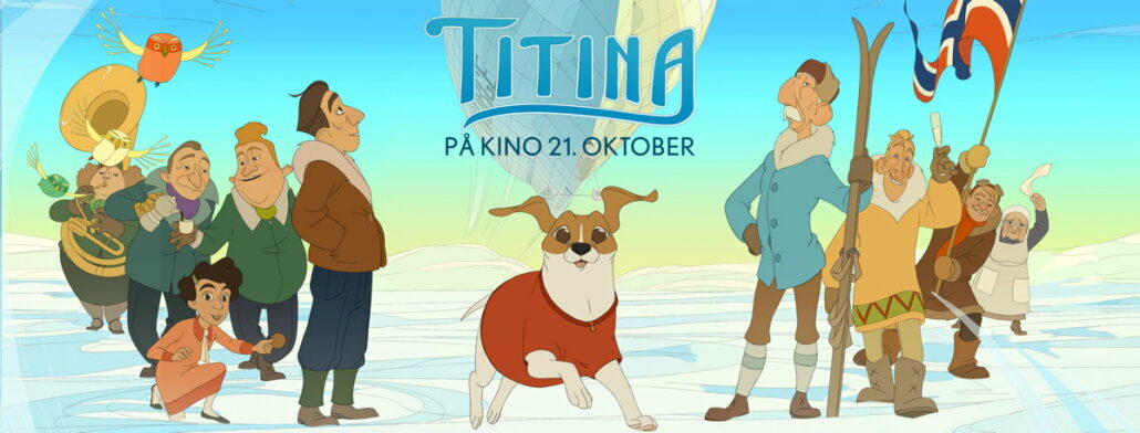 Kinoplakat med karikaturer og en liten hund i sentrum. Teksten Titina på kino 21. oktober.