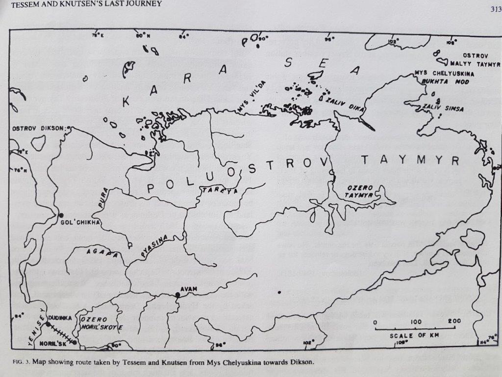 Kart som viser Tessems og knutsens siste reiserute