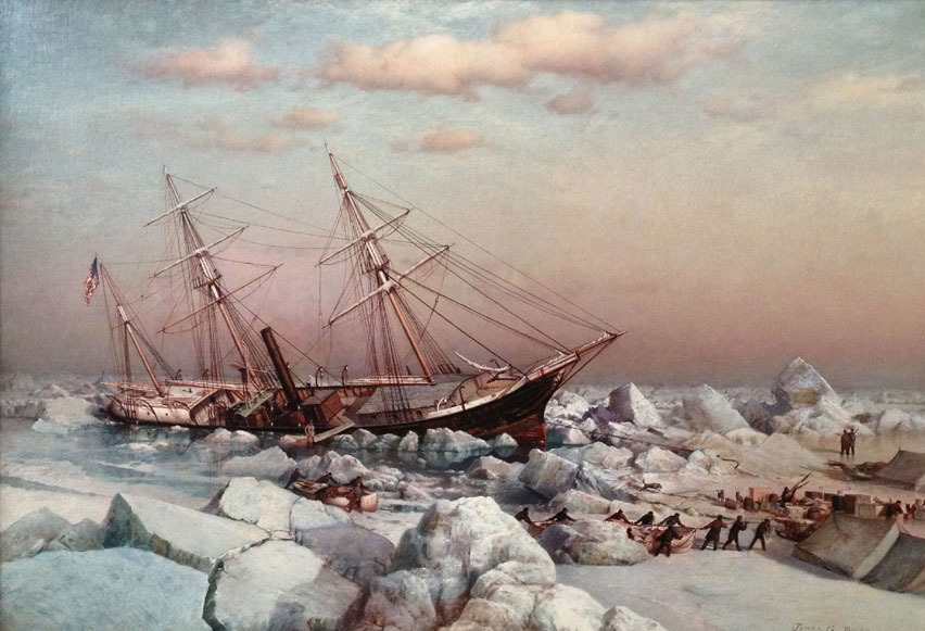 Maleri av skute som er skrudd ned av is og holder på å synke, mannskap og båter forlater skuta