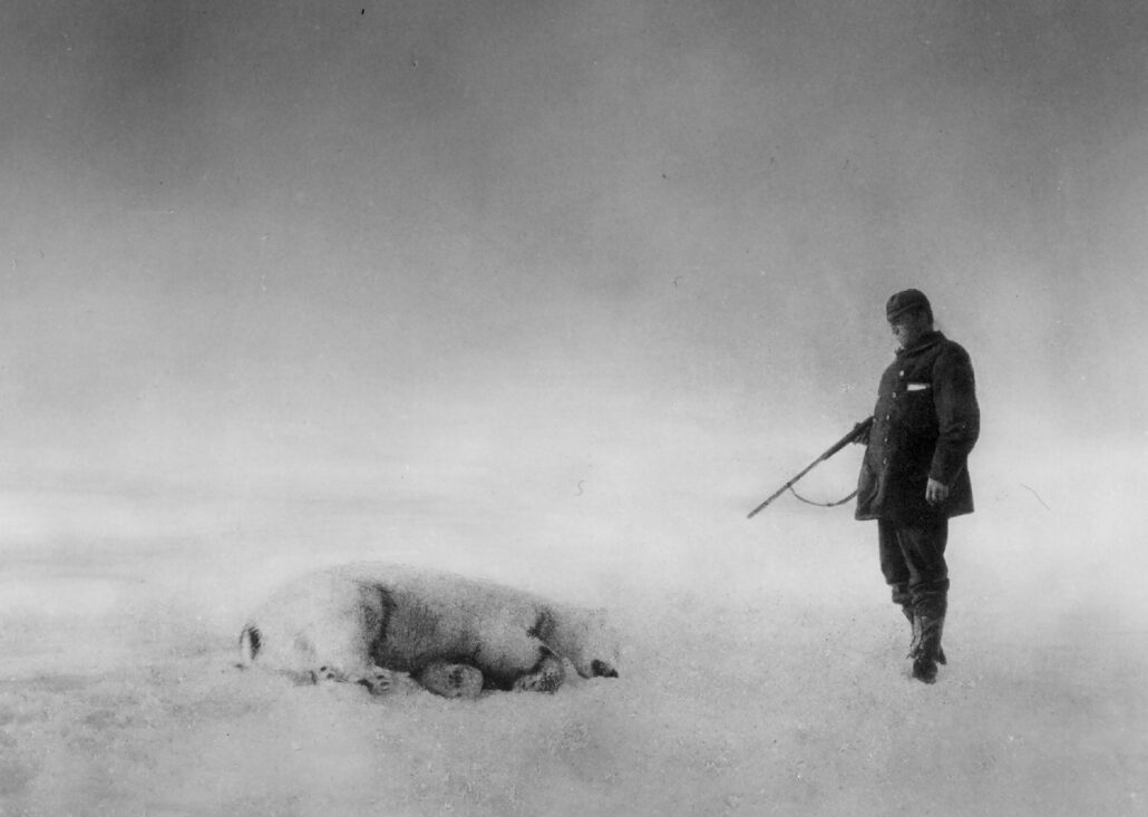 Mann med gevær står ved siden av en skutt isbjørn