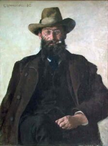 Maleri av mann med mørk dress, frakk, hatt, briller og sigar i munnen sitter på en stol