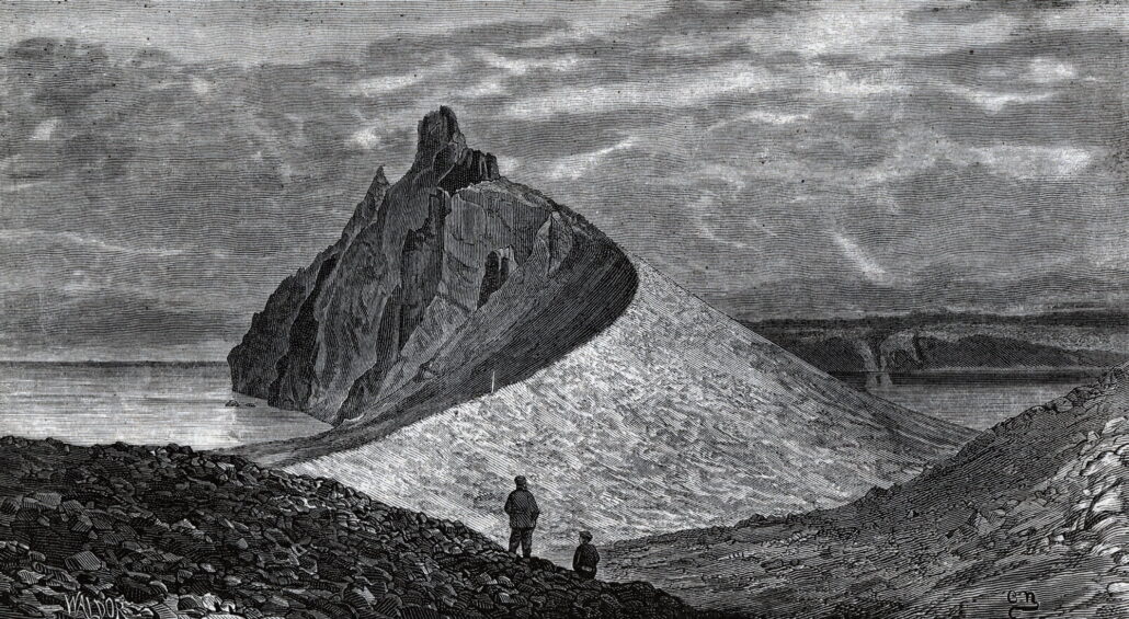 Tegning so viser to personer foran en fjellformasjon med is på ene siden