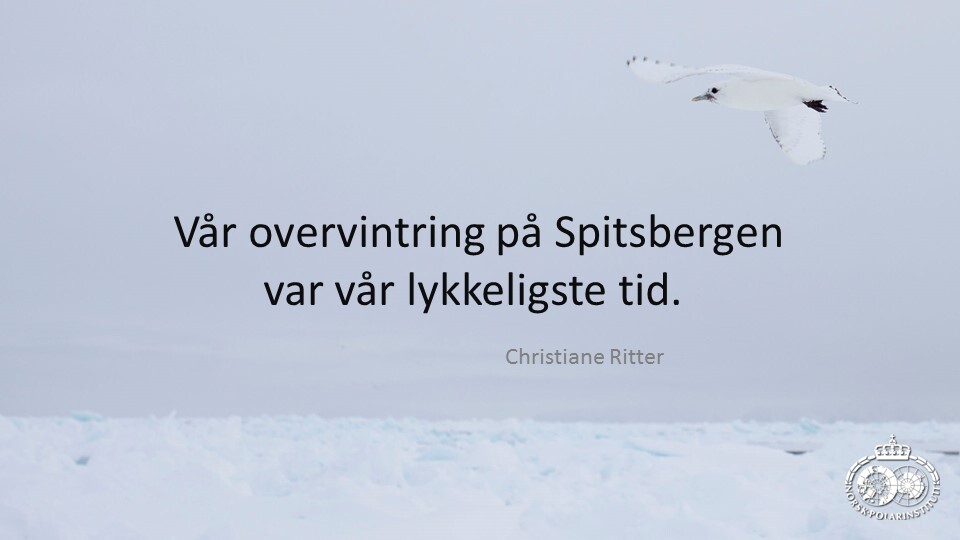 Snedekt, bakke, hvit himmel og hvit fug som flyr. Påskrevet tekst: "Vår overvintring på Spitsbergen var vår lykkeligste tid"