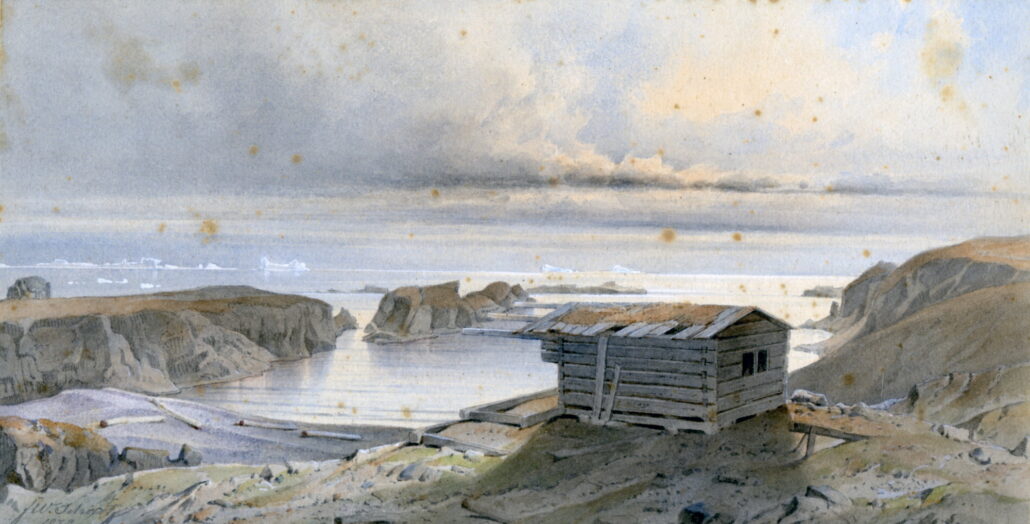 Akvarellmaleri av en trebygning som ligger på kanten av en fjellskrent ut ved havet