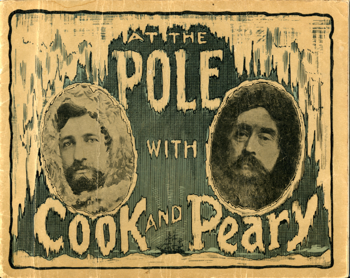 Gammel brosjure med «frostramme». Bilde av to menn med skjegg i hver sin runding og teksten " At the pole with Cook and Peary"