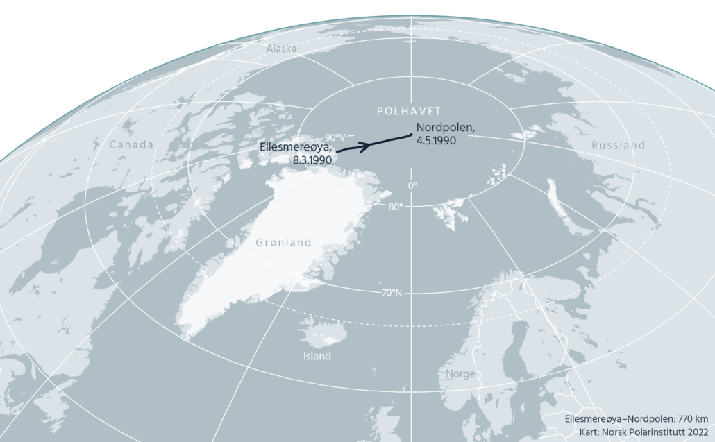 Kagge og Ouslands rute til Nordpolen 1990