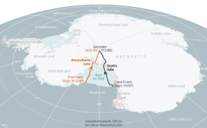 Kart som viser de to rutene til Amundsen og Scott i 1911 mot Sydpolen