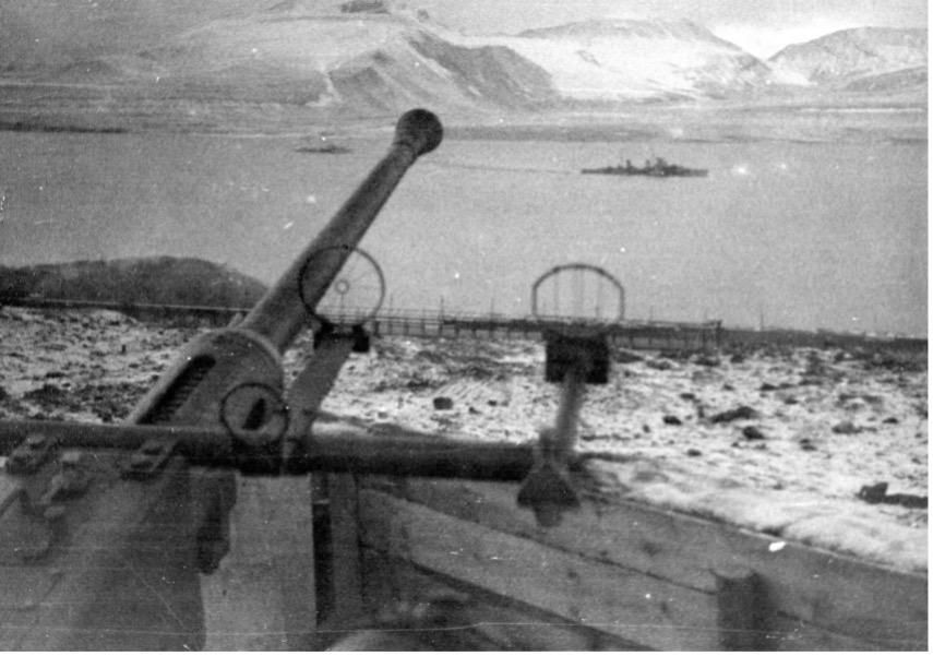 En skytterstilling med fastmontert våpen siktet mot en fjord og et fartøy