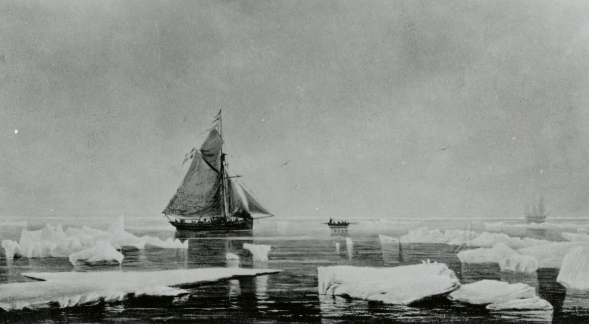 Maleri av to fartøyer som møtes i isen