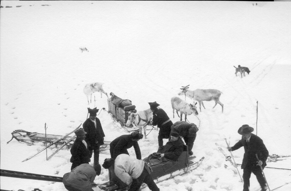 Tre samer og fem menn arbeider med å plassere en mann i slede. Fem reinsdyr og og to står rundtamer med rein og slede på isen.