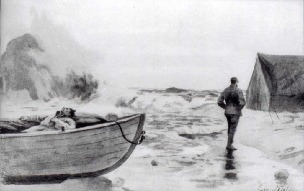 Mann ligger i båt ved vannkanten , mens en annen holder utkikk. Teltet i vannkanten er oversvømt med vann