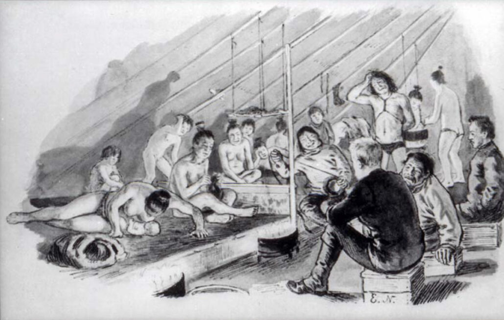 Tegning av mann i vestlig klær som sitter it elt med nakne inuitter (kvinnerm barn og menn)