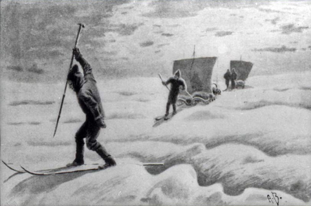 tegning av fire menn med ski og skileier på snø